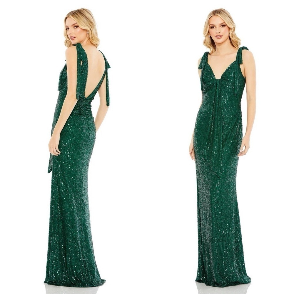 NWT MAC DUGGAL Ieena Sequined Low Back Bow Shoulder Prom Gown Sz 8